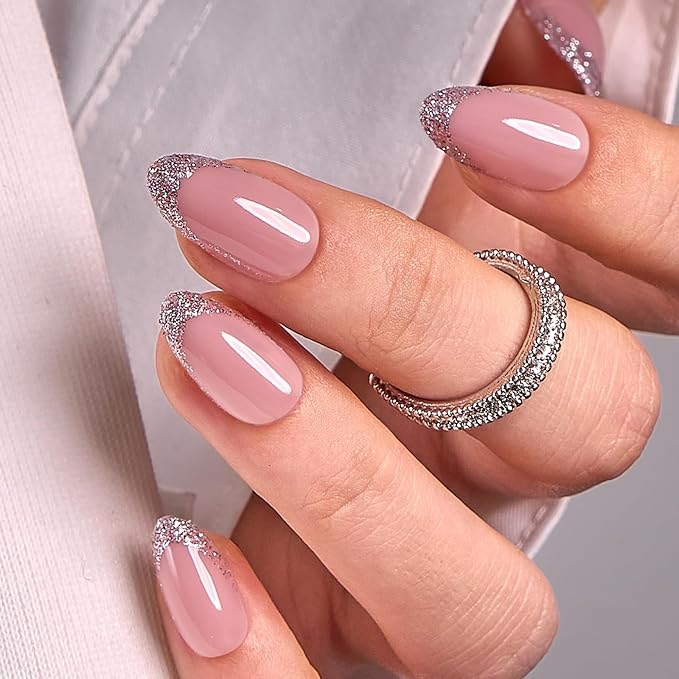 CurvLife Soft Gel Alomond Press On Nails, Long-Lasting Reusable Fake Nails Kit with Glue & Tabs, 30pcs Salon-Quality Stick On Nails for Women At-Home Manicure (Glitter Grace)