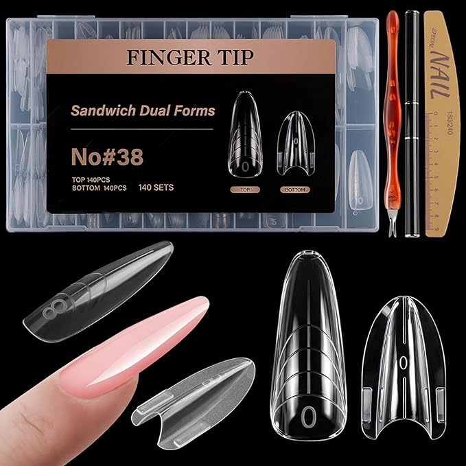 280Pcs Sandwich Nail Dual Forms for Polygel Extension Builder Gel 140 Pairs Almond Round Top and Bottom Plastic Nail Molds for Beginners Professional at Home Salon