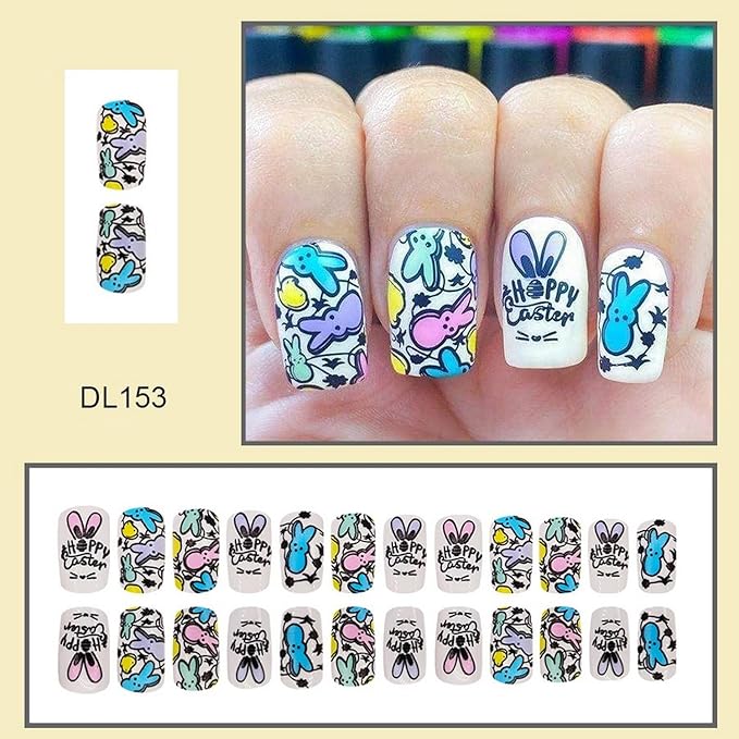 Easter Press on Nails Short Square Fake Nails Colorful Bunny with Easter Eggs Design Happy Easter Letter False Nails Full Cover Matte Rabbit Acrylic Nails Stick on Nails for Women Nail Art 24 Pcs