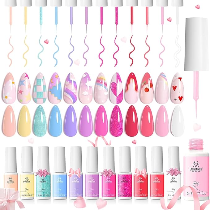 beetles Pink Gel Liner Nail Art 12 Colors Gel Nail Polish Summer Blue White Glitter Painted Soak Off Uv Lamp Art Nails Red Yellow for Thin French Line Nails Manicure Gift for Women