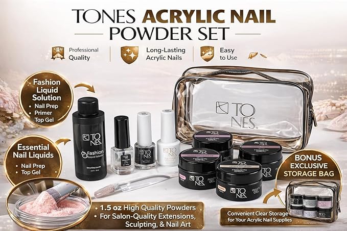 TONES Professional Fashion Poly Gel Nail Sampler Kit Complete Salon Nail Art Set for Sculpting, Extensions & Nail Design Acrylic Nail Kit with Liquid, Powders & Gel Polish