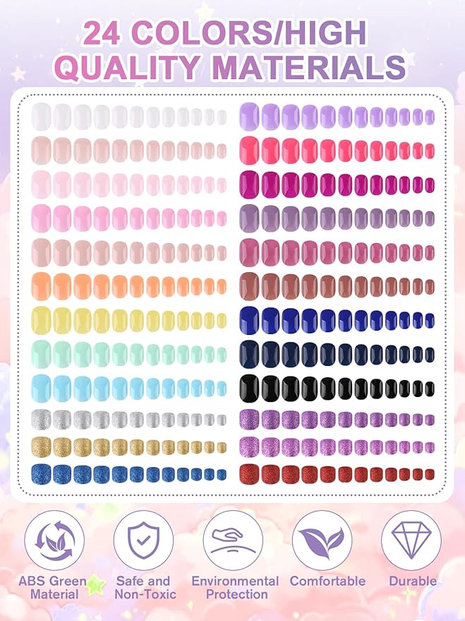 EBANKU 24 Pack Kid Fake Nail Kit, 576 Pieces Sparkle Press on Nails for Kids Colorful Stick on Nail Short Artificial False Nail Kits for Girls