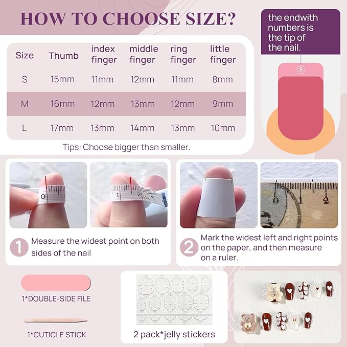 Fake Nails Set Brown White Long Medium Square Cute 3D Bear Love False Nail Tips, Press On Nails, Artificial Art Nails Finger Manicure for Women and Girls(CDJ0003-M)