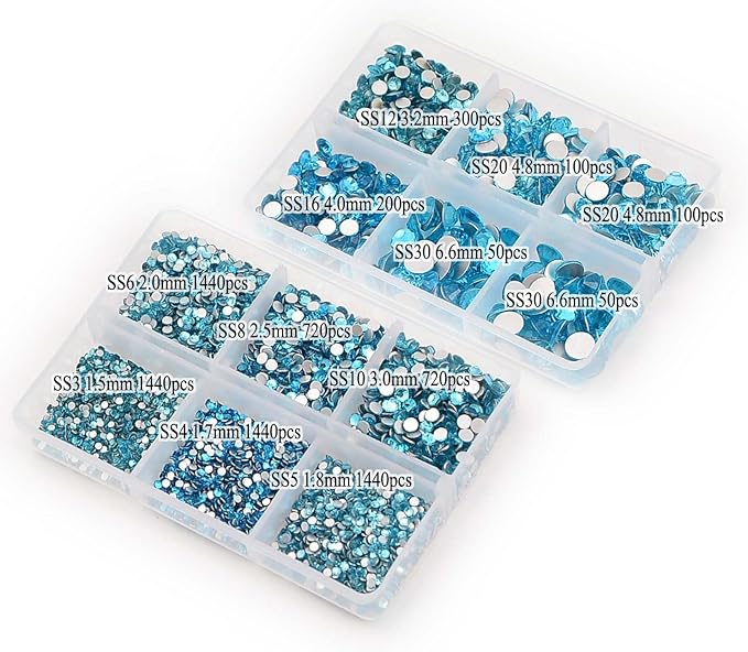 NCB 8000pcs Non Hotfix Rhinestones 10 Sizes Flatback Crystal Glass Rhinestones with Tweezers and Picking Pen for Nail Art Clothes Bags Phone Decorations Crafts DIY (004 Aquamarine Mix SS3-SS30)