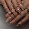Gold Press On Almond False Nails - Medium Fake Nails with 3D Gold Chrome Design - Glossy Full Cover Stick On Press Ons for Women - 24 Pcs