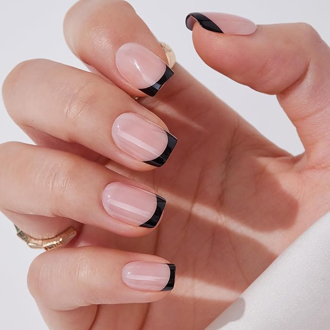 French Tip Press On Nails Short - Findigit Square Stick On Nails with Nail Glue, Reusable Soft Gel Glue On Nails Kit Fit Natural False Nails for Women 16 Sizes - 32 Nail Kits, Square Black French
