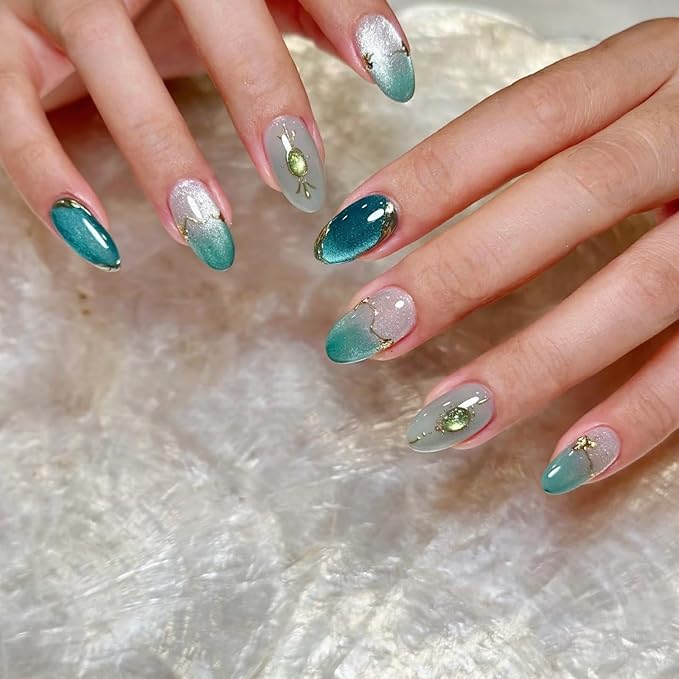 Medium Press on Nails Almond Glue on Nails with Cat Eyes Design Green Cat Eye Fake Nails 5D Gold Lines False Nail Glossy Ombre Green White Acrylic Stick on Nail for Women 24Pcs