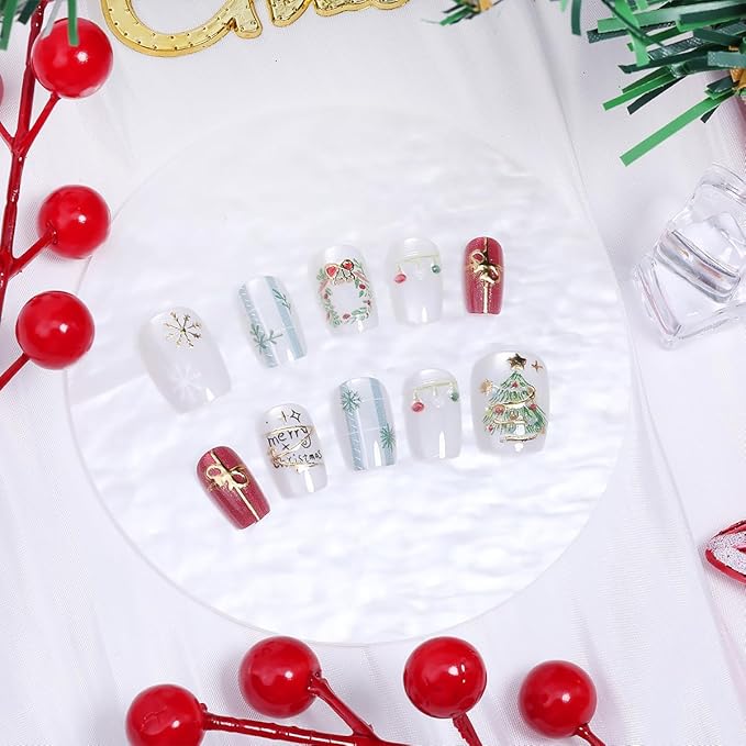 30Pcs Christmas Press on Nails Short Square Fake Nails Xmas Trees Garland False Nails with 3D Gold Snowflake Gems Gift Ball Design glitter Glue on Nails Full Cover Artificial Stick on Nail for Women