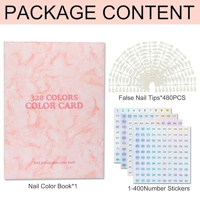 320 Nail Color Book,with 480 Flase Tips & 1-400 Number Sticker Labels,Leather Professional Nail Color Swatches Book for Polish UV Gel(Pink)