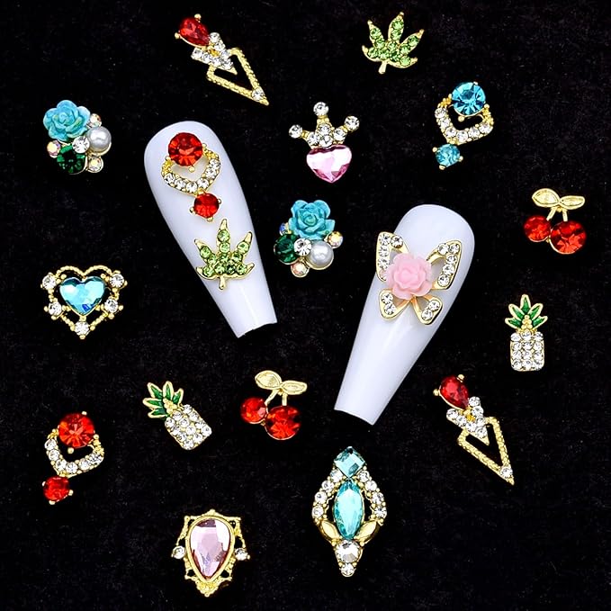 120PCS Y2k Nail Charms and Gems - Gold Red Nail Jewelry Cherry, Pink Heart Flower Butterfly Shiny Nail Rhinestone Pineapple,Nail Falls Charms Green Leaf for DIY Nail Art Design,Acrylic Nails Supplies
