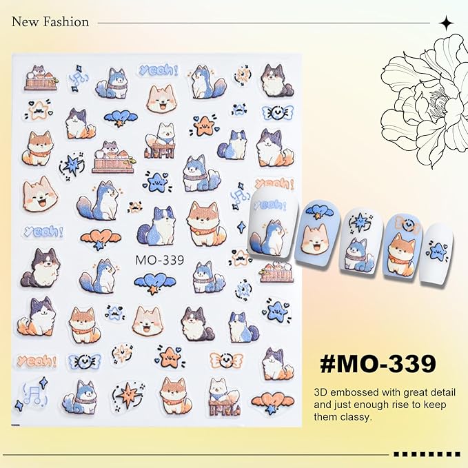 6 Sheets Cute Cat Dog Nail Stickers for Nail Art Adorable Kitty Bow Designs 3D Embossed Self Adhesive Nail Decals for Women DIY Manicure Decoration YX1234