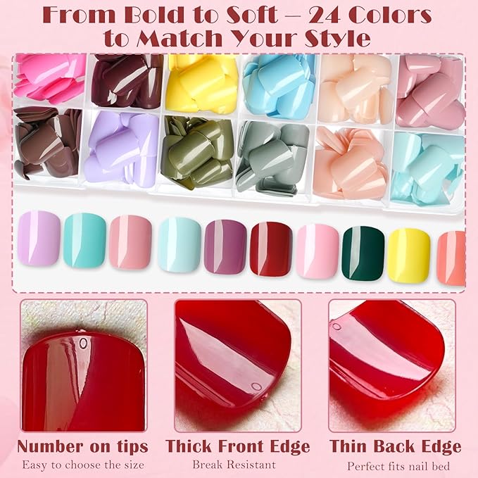 AddFavo 576pcs Square Press on Nails Short Fake Nails, Full Cover Glossy Short Nails Press on Acrylic False Nail Tips 24 Colors for Women