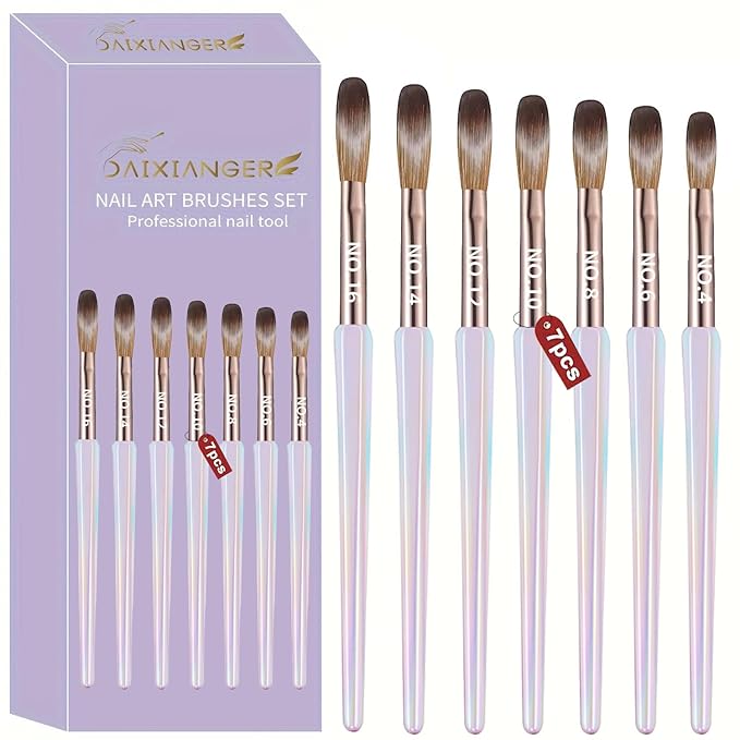 7PCS Acrylic Nail Brush Set,Size 4/6/8/10/12/14/16 Professional Nail Brushes for Acrylic Application Extension and 3D Carving for Nail Home Salon DIY