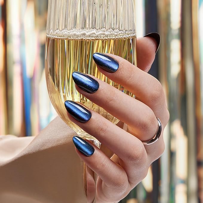 VSALON Press on Nails Almond Short for Newbies, Dark Blue Cat Eye Chrome Glossy Glitter Stick On 32 pcs Fake Nails Kit in 16 Sizes, Reusable Opaque Gel Nails with Glue, Cuticle Stick & Nail Buffer