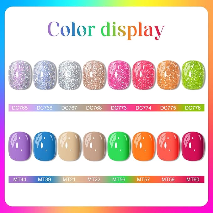 MTSSII Purple Blue Khaki Green Orange Red Gel Nail Polish 18 Pcs Set Silver Yellow Rose Red Pink Green Orange Glitter Gel Nail Polish with Base Gel Set Glitter Polish Kit for DIY Nail Art Women Gifts