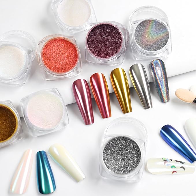 SIUSIO 8 Jars Chrome Nail Powder Gold Silver Nail Art Glitter Decoration Metallic Mirror Effect Holographic Aurora Nail Pigment Powder Kit for Nail Art Home DIY Salon Manicure