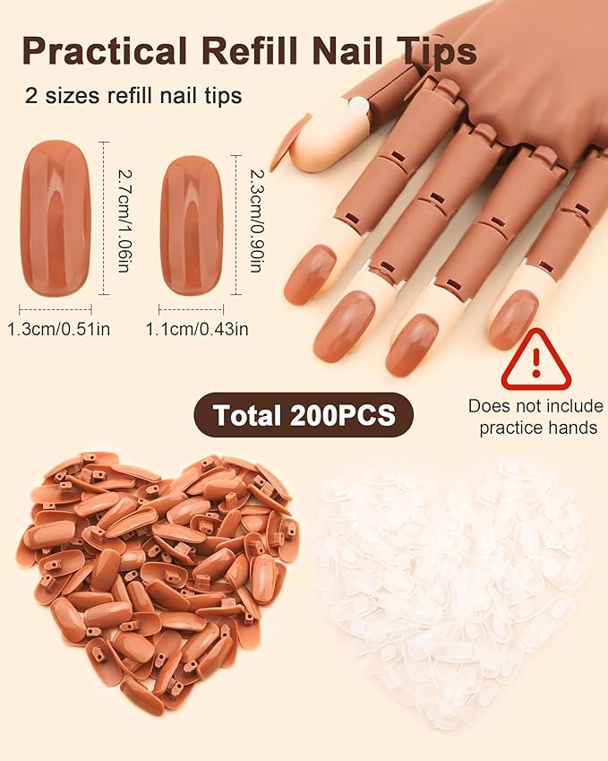 200PCS Replacement Nail Tips for Acrylic Nails Practice Hand, 100PCS Brown and 100pcs Clear Fake Nails with box for Nail Hand Practice