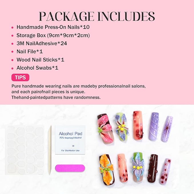 Flower Press on Nails Handmade Long Coffin Muti-Layer Gel Fake Nails Gradient Floral 3D Waterdrop Pattern Design Spring Summer Multicolor Thick False Nails French Tip Acrylic Nails for Women (Size M)