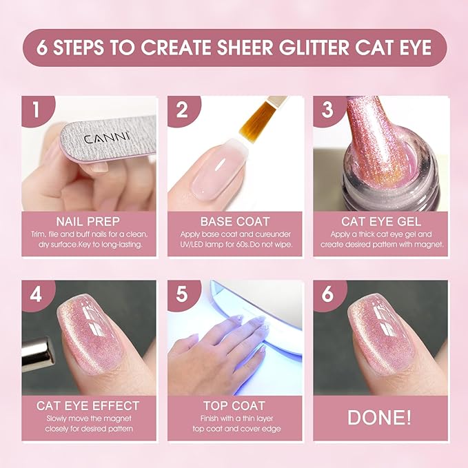 CANNI 8 Pcs 9 ML Cat Eye Gel Nail Polish Set, Jelly Pink Blue Silver Glitter Holographic Cat Eye Gel Polish Kit with Magnet Shimmer Colors Soak Off Led Manicure Salon DIY Gifts