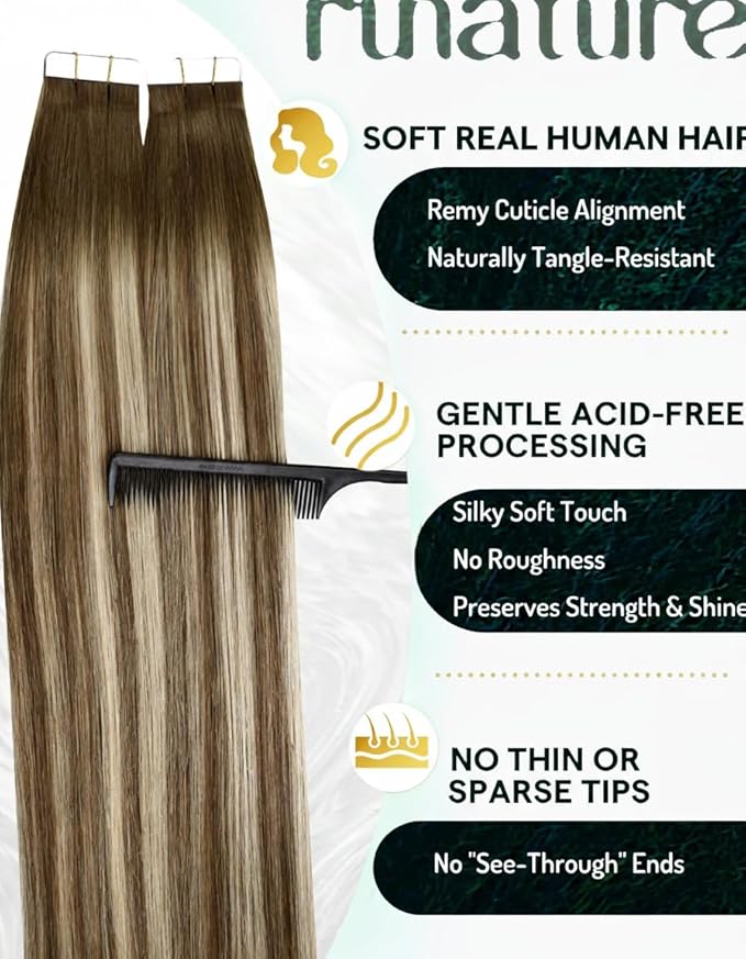RUNATURE Balayage Tape in Hair Extensions Human Hair, 22 Inch Long Human Hair Tape in Extensions, Seamles Skin Weft Tape ins Human Hair Extensions, Ombre Walnut Brown to Light Blonde, 50g 20pcs