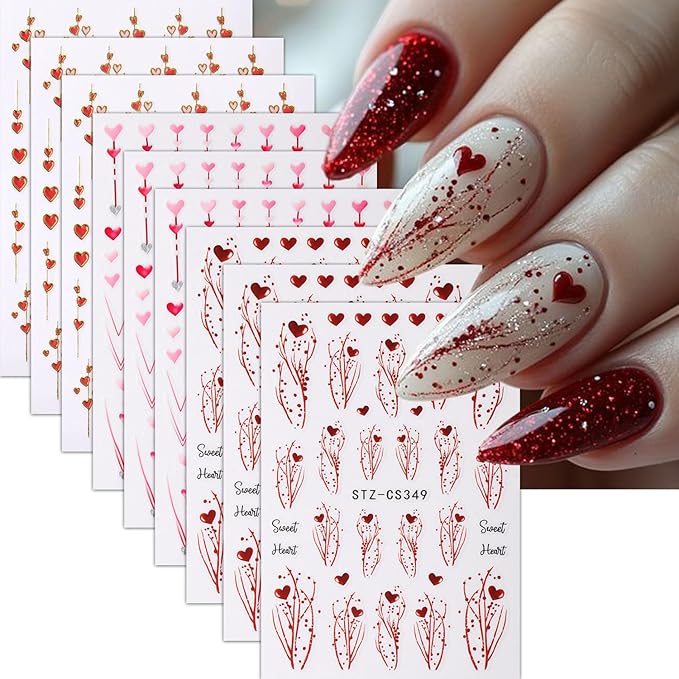 9 Sheets Valentines Nail Art Stickers Red Heart Nail Decals 3D Self Adhesive Holiday Nail Supplies Romantic Arrow & Tree Branch Design Nail Stickers for Women Pink Heart DIY Manicure Art Accessories