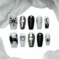 Sun&Beam Nails Handmade Press-on Medium Long Coffin Ballerina Black White Hand-Painted Rhinestone Kitten Design Fashion False Nail Tips 10 Pcs Set (#207 M)