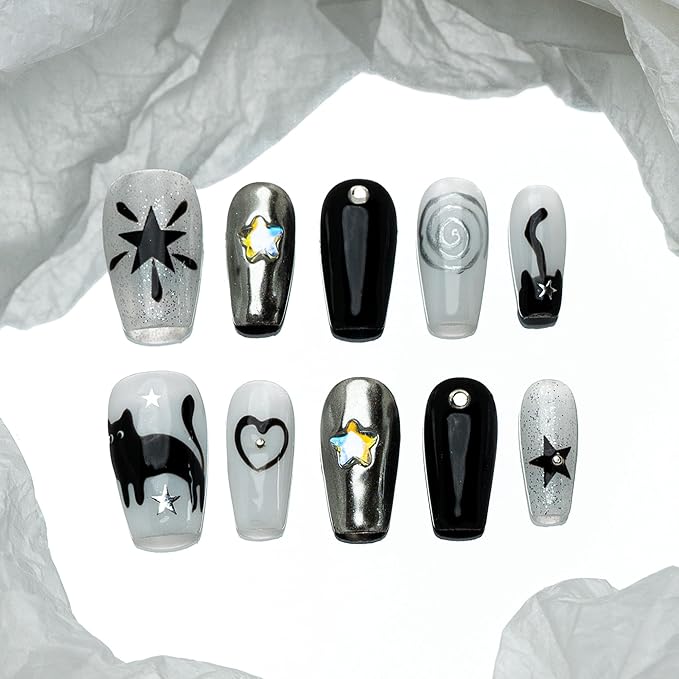 Sun&Beam Nails Handmade Press-on Medium Long Coffin Ballerina Black White Hand-Painted Rhinestone Kitten Design Fashion False Nail Tips 10 Pcs Set (#207 L)