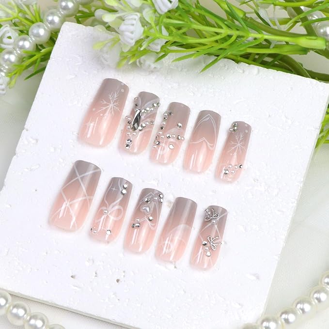 Pink Ombre Press on Nails Square Long White Snowflake Bow Heart Pearls Rhinestones Fake Nails Press ons Winter Cute Handmade Acrylic Full Cover Glossy Glue on Nail for Women 24 Pcs