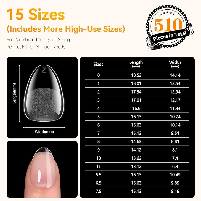 Makartt Almond Nail Tips: 510pcs Full Cover Extra Short Fake Nails, 15 Sizes Soft Gel Half Matte Pre-shape Soak Off for Press on Nails DIY for Extension No Crease Acrylic Nail Manicure Salon Home