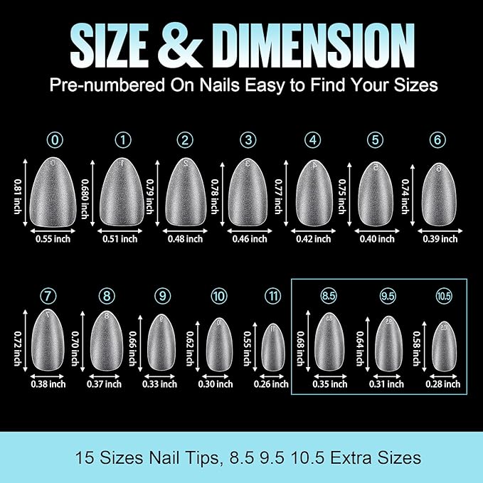 TOMICCA Short Almond Nail Tips, 360Pcs Full Cover Double Sided Matte Gel Nails,15 Sizes Acrylic Short Fake Nails for Nail Extensions Home Diy Salon