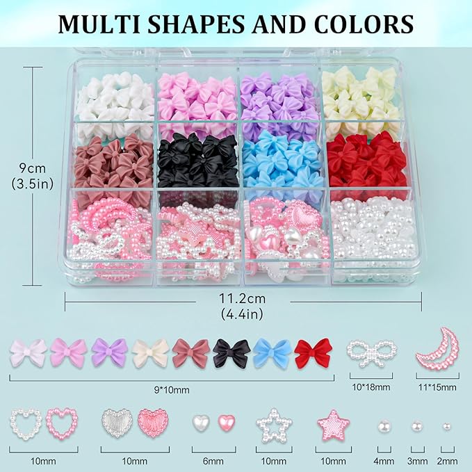 600 Pcs 3D Nail Charms and Flatback Pearls Set 5, 8 Colors Nail Bows Charm + Pink&White Star Heart Moon Cute Nail Jewels + 2-4mm White Nail Pearls for Nail Art DIY Decoration with Pickup Tools