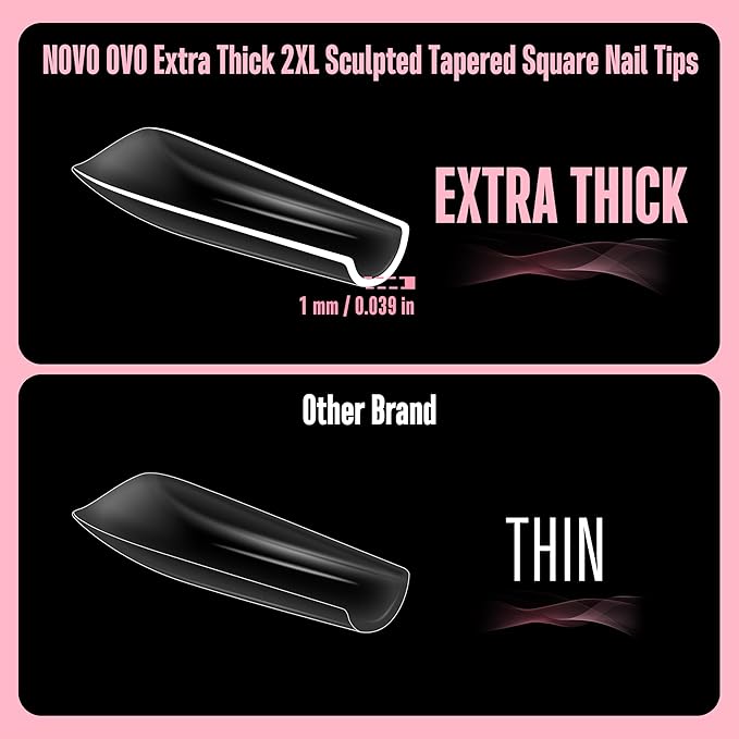 NOVO OVO Sculpted XXL Square Nail Tip for Curved Nail Beds, Extra Thick Long False Nails Press on, Full Cover Soft Gel Extension Fake Nail for Acrylic kit, Clear X 15 Sizes 300pcs