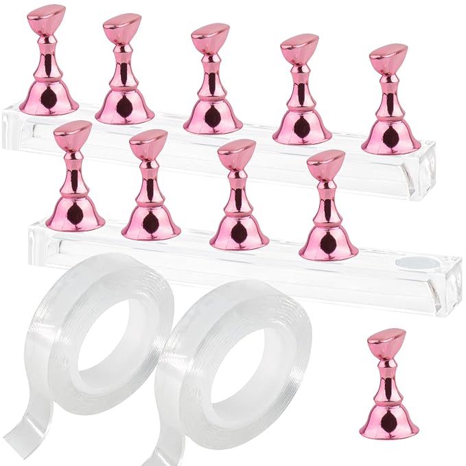 Nail Stand for Press On Nail Holder for Painting Nails Magnetic Nail Tips Practice Holder with 2 Pcs Double-sided Tape for DIY Painting (Pink B)