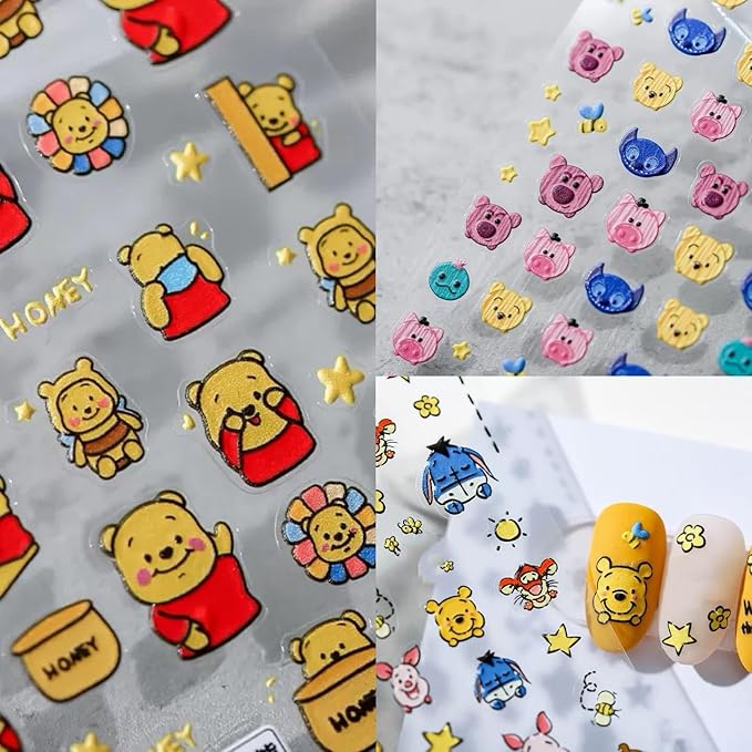Dedyel Cute Nail Stickers 5D Embossed Cartoon Bear Nail Stickers Kawaii Animal Self-Adhesive Nail Decals for Women Girls Kids Nail Art Decoration