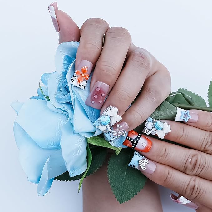 Duck Handmade Press on Nails 3D Bow Candy Heart Nails Charms Design - Flower French Tip Short False Nails Multicolor Thick Acrylic Artificial Stick On Nails (Sweet Dream Candy Pops,S)