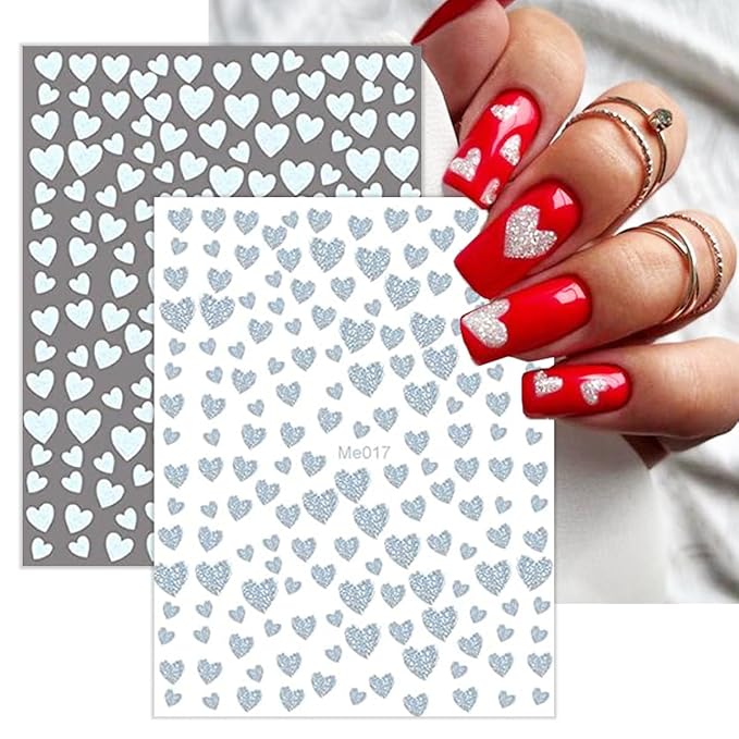 10 Sheets Heart Nail Stickers Decals Shiny Love Nail Decals Colorful Glitter Hearts Nail Art Supplies Self Adhesive Valentines Nail Art Stickers for Women Valentines Nail Design Decoration