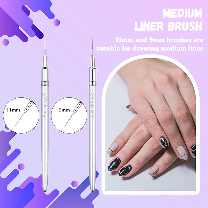 Liner Brush for Nails, 6Pcs Thin Nail Art Brushes Professional Nail Detail Brush for Gel Polish Sizes 5/7/9/11/15/25mm (Silver)