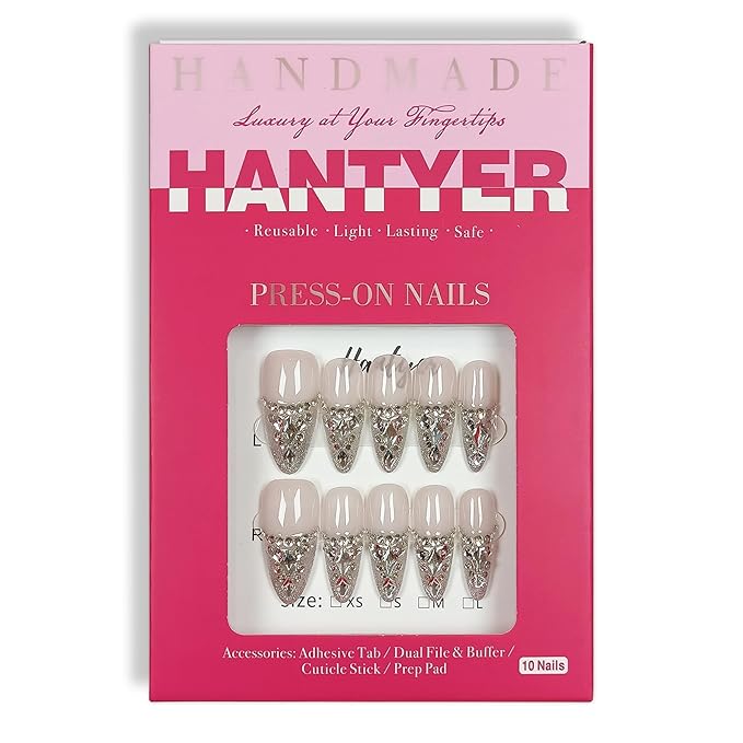 French Glam Press on Nails with Tools Kit, Long Stiletto Glossy Nails in Nude, Handmade Nails with Dazzling 3D Crystal Arrangement, Fake Nails Vintage-Inspired Style for Galas Event(Size XS)