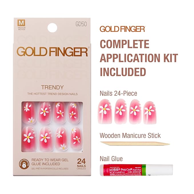 GoldFinger 24 Pcs Press On Nails,Medium Oval Fake Nails, Pink Flower Aura Gel Stick On Extensions, Reusable Full Cover False Nail Kit with Glue, Manicure Stick & File, 7 Day Long Lasting Wear