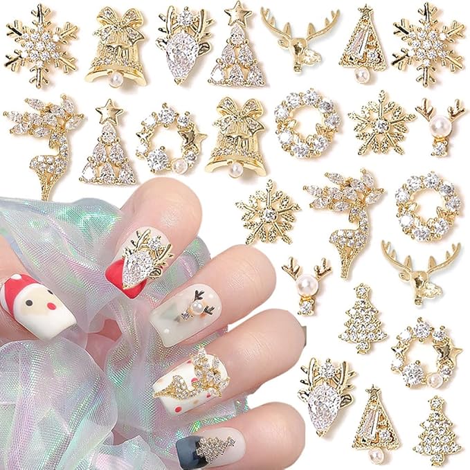 24pcs Luxury Zircon Christmas Nail Charms - 3D Snowflake, Elk, Xmas Tree, Garland Decorations - Gold Art Rhinestones Gems for Nails