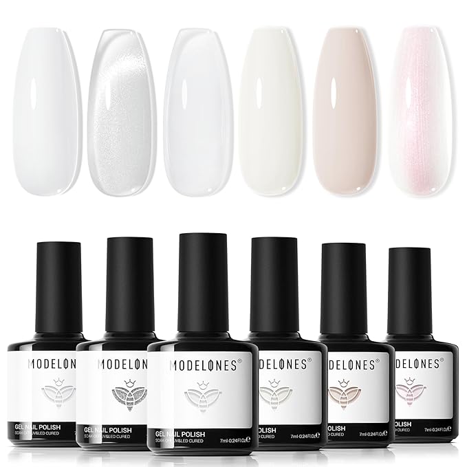 modelones White Gel Nail Polish, 6 Colors Milky White Cat Eye Gel Polish Set with Magnet Nude Jelly Soak Off Nail Kit Manicure DIY Nail Art Salon Home Gift
