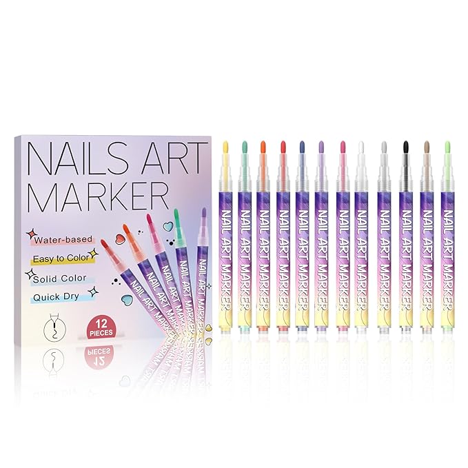 12 Colors Nail Art Pens Set, 0.7mm Sponge Tip Nail Art Markers Nail Pens for Beginners Women
