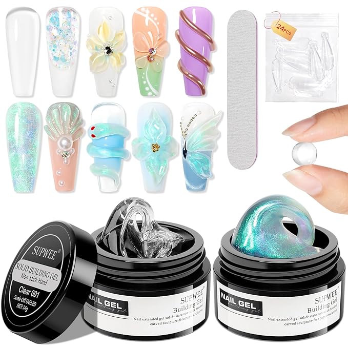 Solid Builder Gel for Nails Clear and Aurora Green 3D Nail Gel Art Non-Stick Hand Sculpture Hard Gel with Dual Form for 3D Modeling Nail Art Home Manicure DIY for Women
