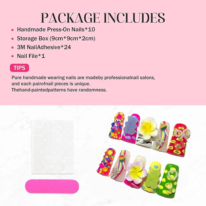 10Pcs Press on Nails Long Handmade Duck Fake Nails 3D Charms Flower False Nails with Glue Colorful Twinkle Candy Artificial Acrylic Reusable Stick on Nails for Women (Size M)