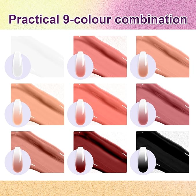 Gradient Gel Nail Set, 9 Nude Pink Color for Ombre White＆Black Nail Polish Platte Kit with 14* Nail Art Tools, Pigmented Pat Painting Gel French Manicure No-wipe DIY Art Home Salon