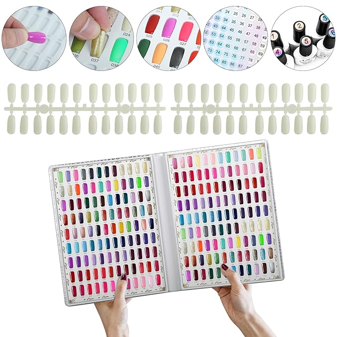 216 Colors Nail Swatches Book with 240 Nail Tips and Number Labels Leather Nail Gel Polish Display Book Nail Painting Practice Design Board No Need Pasting, No Need Glue