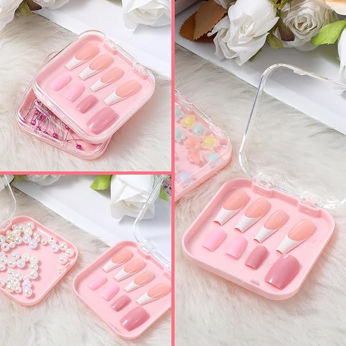 4PCS 2.95" Nail Art Display box Acrylic Press On Nail Storage Box Packaging Box with Adhesive Double Sided Tape for Nail Business Nail Art Nail Salon(Pink)