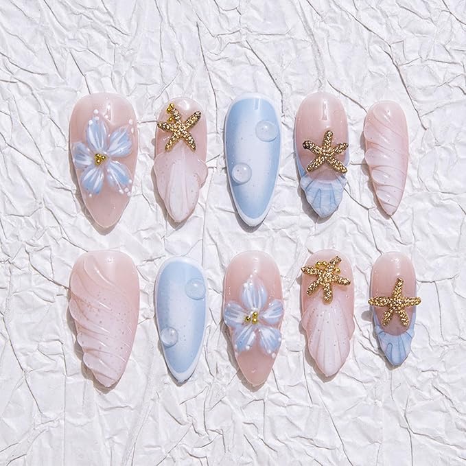 10 Pcs Handmade Almond Press on Nails Short Luxury Shell Shaped French tip Fake Nails 3D Starfish Rhinestone Nails Press Ons with Flower Design Full Cover Artificial Acrylic Stick on Nail for Women(S)