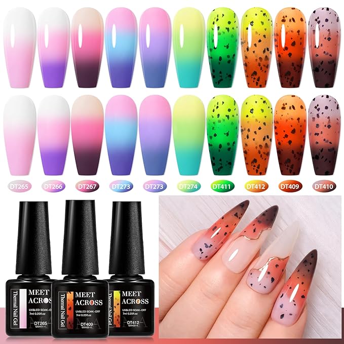 MEET ACROSS 12PCS Color Changing Gel Nail Polish Set Glitter Temperature Mood Changing Color Changed Gel Soak Off Nail Art Design Kit Manicure at Home Special Gifts for Women Girls