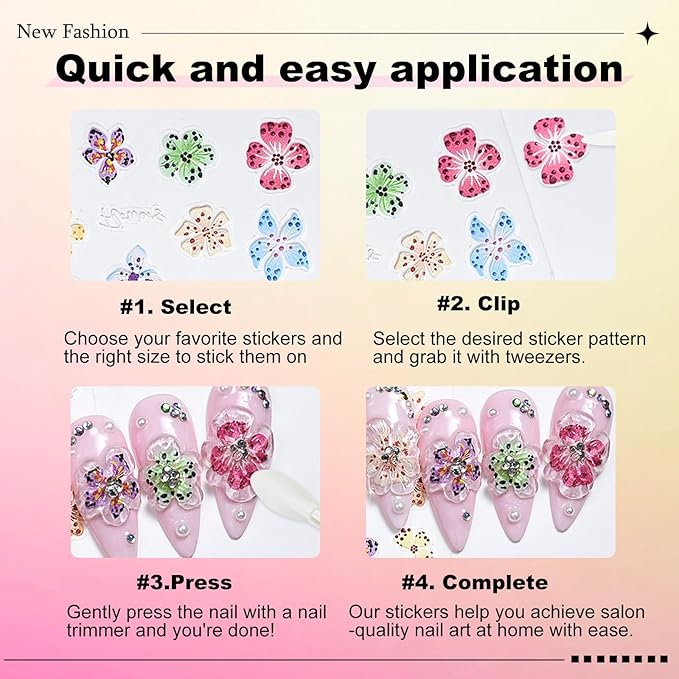 Flower Nail Stickers for Nail Art - 5D Embossed Hibiscus Nail Decals, 3 Sheets Self-Adhesive Pink White Lily Hibiscus Tropical Floral Summer Spring Flower Nail Designs Decor for Women Girls 807-11
